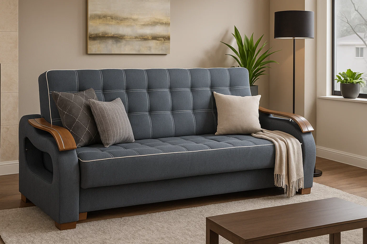 Wersalka KLER pikowana z drewnianymi bokami.